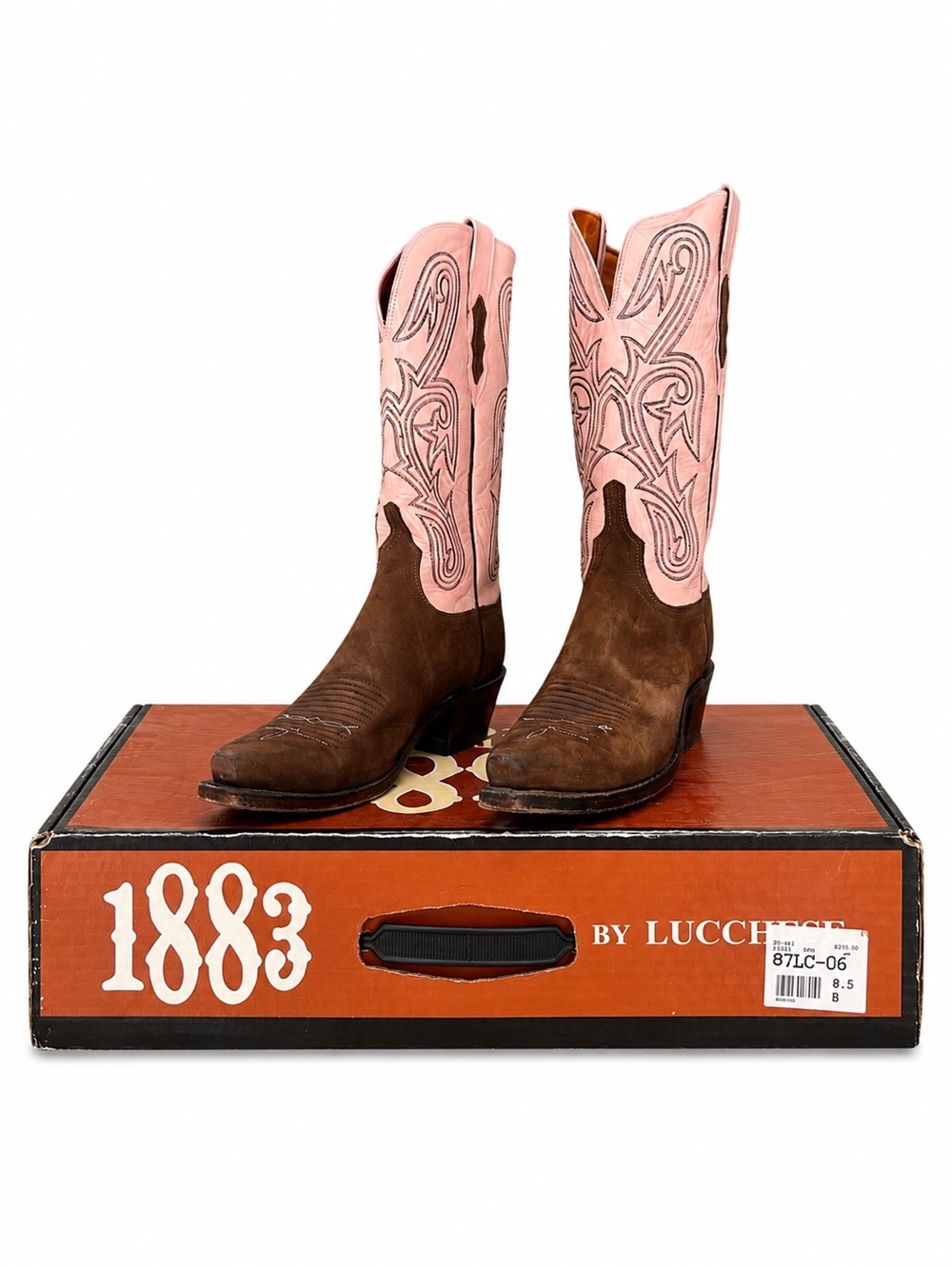 Lucchese Brown Suede Foot Pink Embroidered Shaft Cowboy Boots
